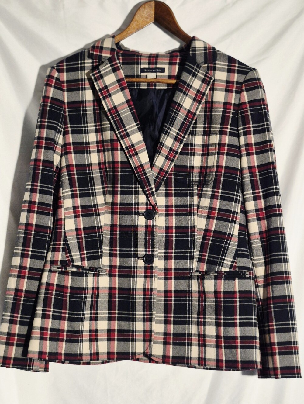 Tommy Plaid Tailored Women's Blazer Jacket in Cream, Navy & Red